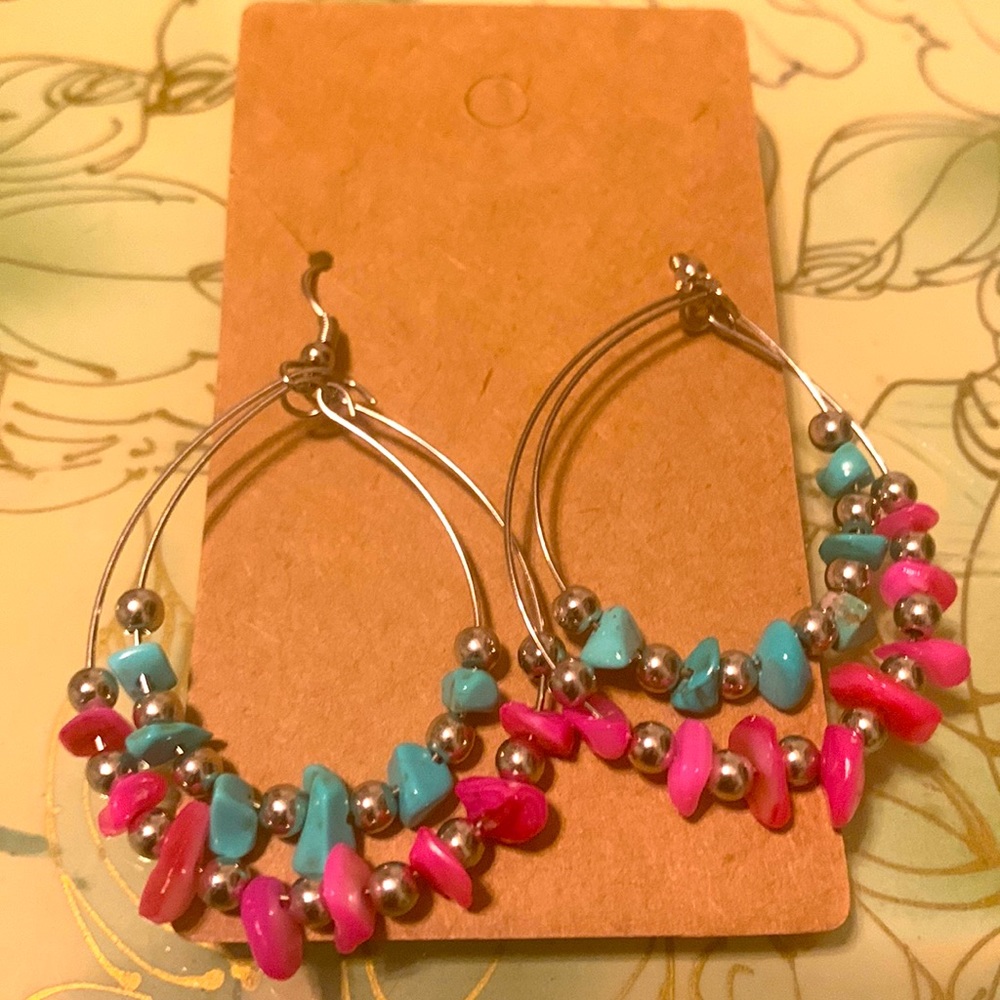 Pink and teal gemstone chip earrings
